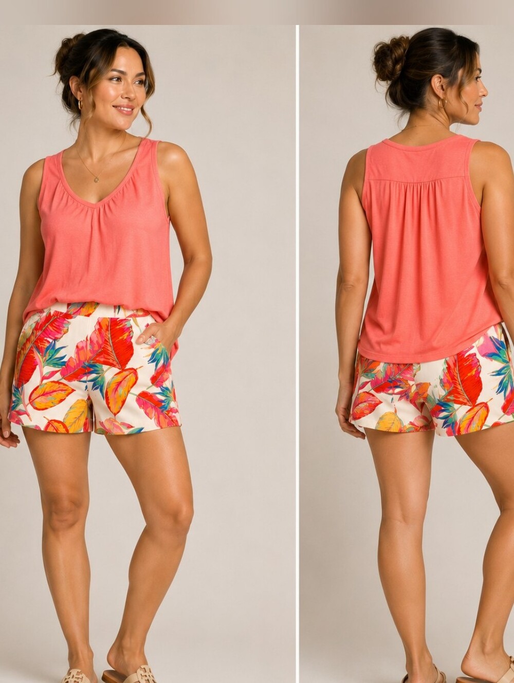 A-225 Nine West Tropical Print Cotton Blend Shorts Size Large Resort Summer